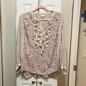 Lucky Brand Cream Floral Peasant Blouse with Pink & Rust Accents